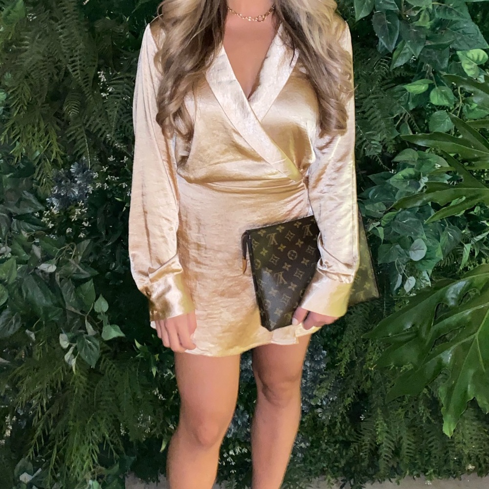 Aakaa: Gold Satin Wrap Romper - long sleeve & mini